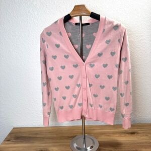 Pol Pink Gray Heart Print Button Up Cardigan Sweater S Valentines Sweetheart